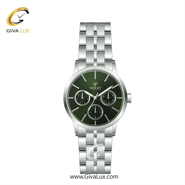 ساعت مچی اورجینال زنانه ویولت VIOLET سه موتوره فول تایم نقره ای | نقره ای| سبز یشمی تیره| کد رفرنس 0595